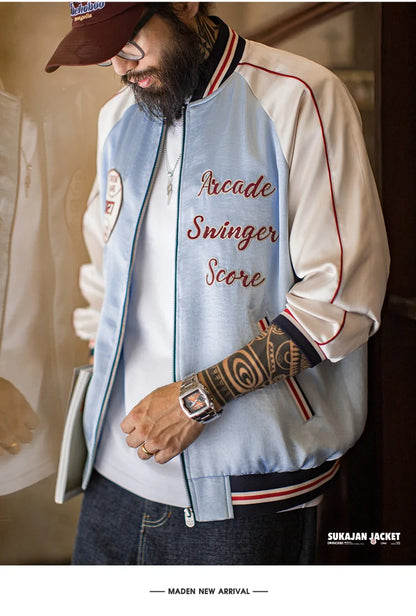 Maden Men Vintage Embroidered Souvenir Jacket Satin Contrast Baseball Bomber Outwear Short Zip-Up Casual Jacket for Spring Fall