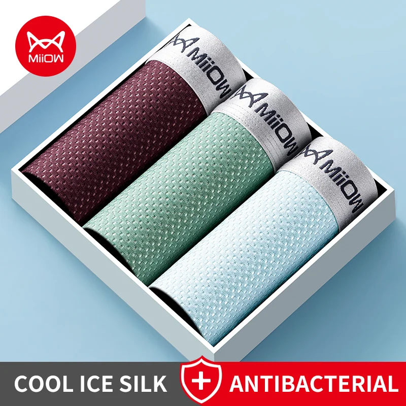 MiiOW Ice Silk Men's Underwear - 3Pcs Breathable Mesh Antibacterial Boxer Briefs