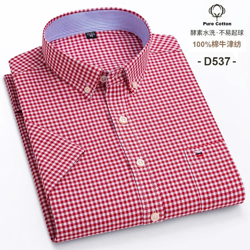 100% Cotton Men's Breathable Cotton Plaid Shirt - Short Sleeve Oxford Summer Striped Regular Fit Oversized Clothing