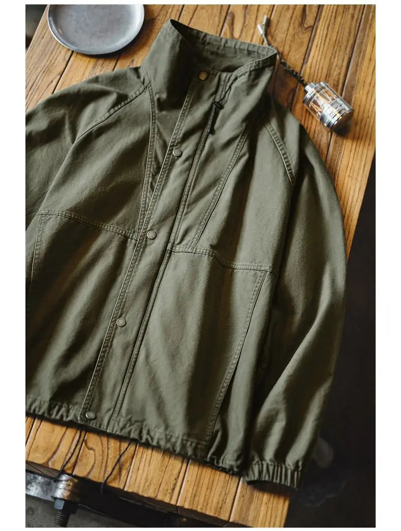 Maden Men's Vintage M-65 Field Jacket Green Cotton Zipper Army Coat Stand Collar Drawstring Windbreaker for Spring and Fall
