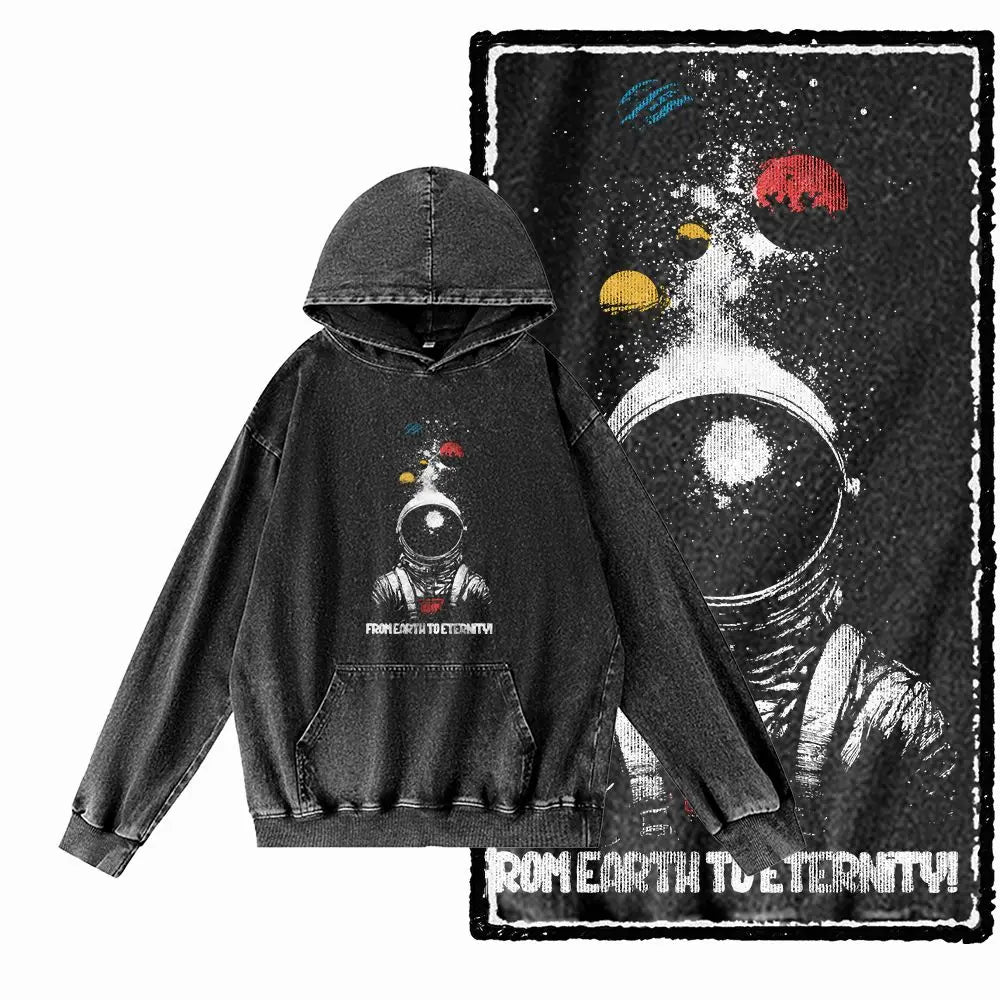 Cosmic Drift Space Graphic Acid-Washed Black Hoodie