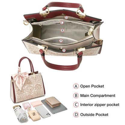 FOXER Women's Shoulder Handbag New Office Lady Crossbody Bag Medium Tote Chic Split Leather Silk Scarf Printing Pocket Mom's Bag