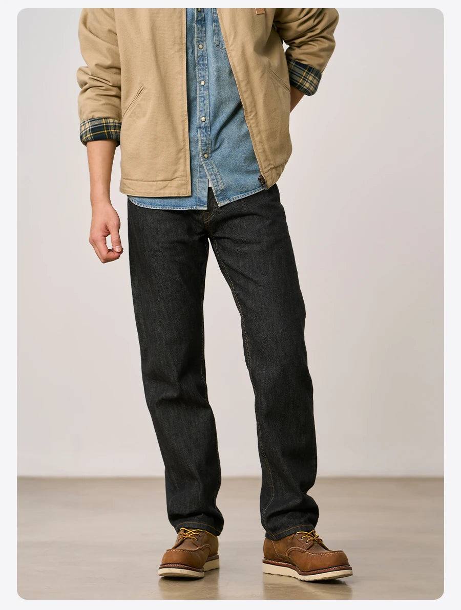 SIMWOOD 2026 Autumn Winter New Loose Straight 13oz 100% Cotton Fabric Jeans Men Washed Vintage Classical Denim Trousers