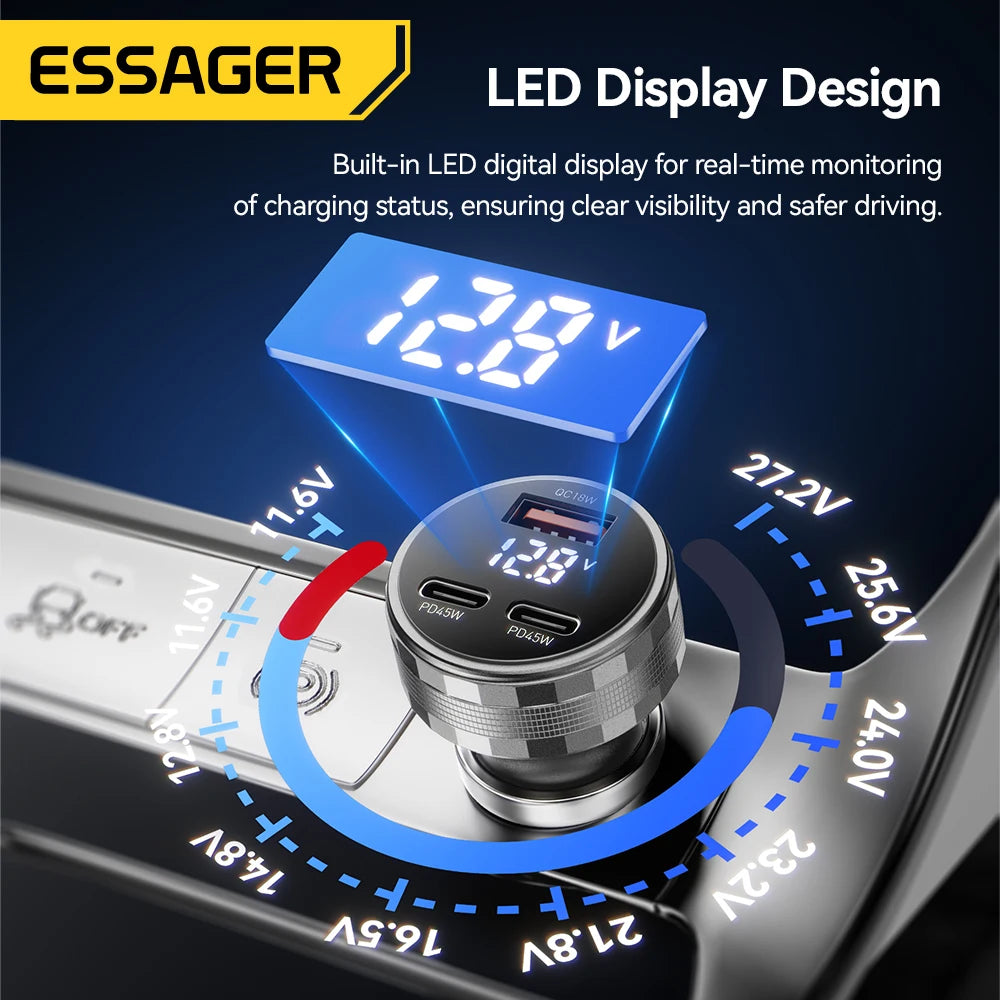 Essager 108W 3-Port USB Car Charger with Digital Display