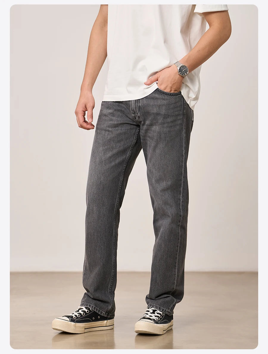 SIMWOOD 2026 Autumn Winter New Loose Straight 13oz 100% Cotton Fabric Jeans Men Washed Vintage Classical Denim Trousers