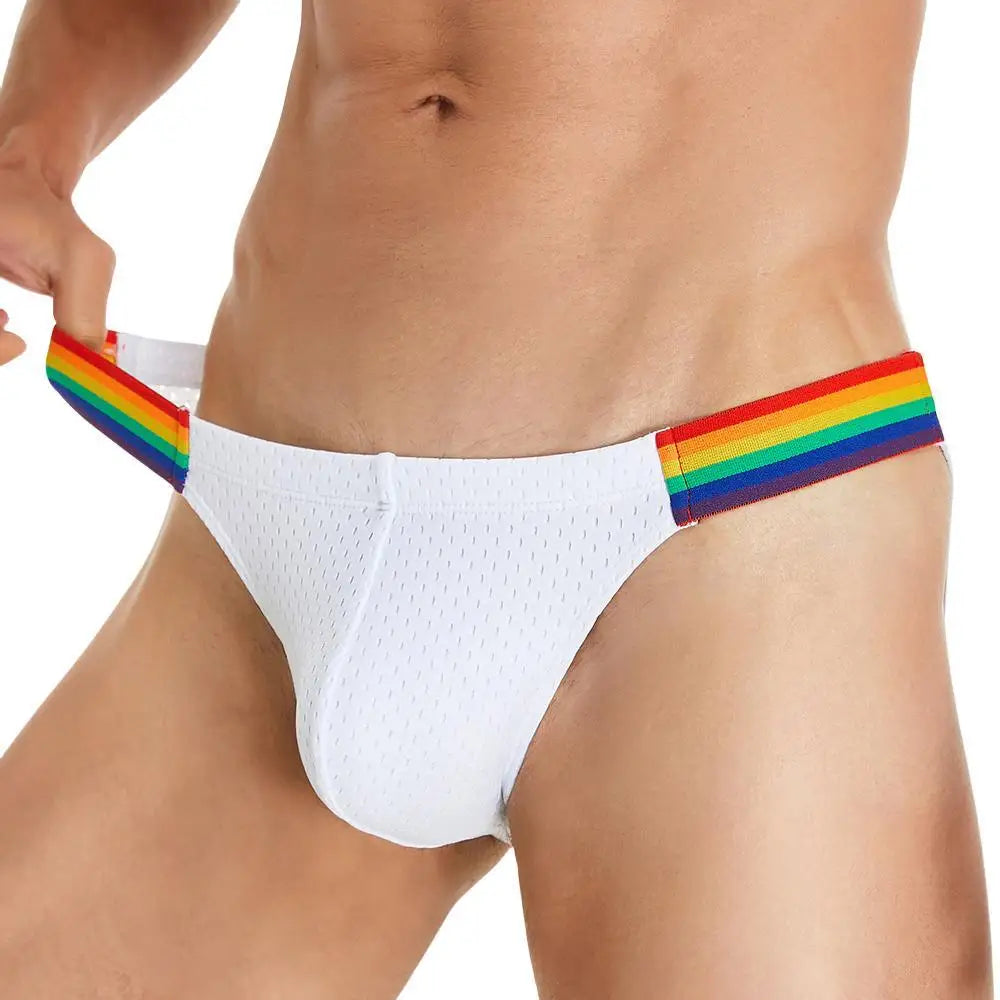 SEOBEAN Men's Breathable Underwear - Mesh Sexy Briefs with Rainbow Belt