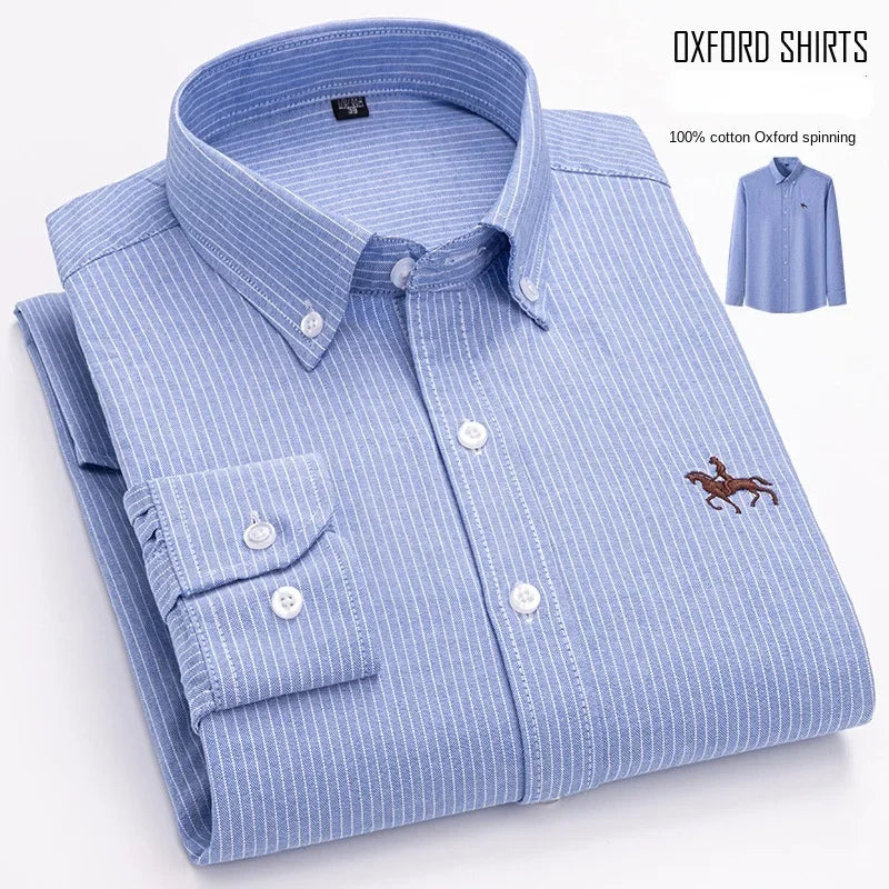 Pure Cotton Oxford Embroidered Horse Shirt for Men - Oversized Floral Long Sleeve Casual Streetwear Plus Size