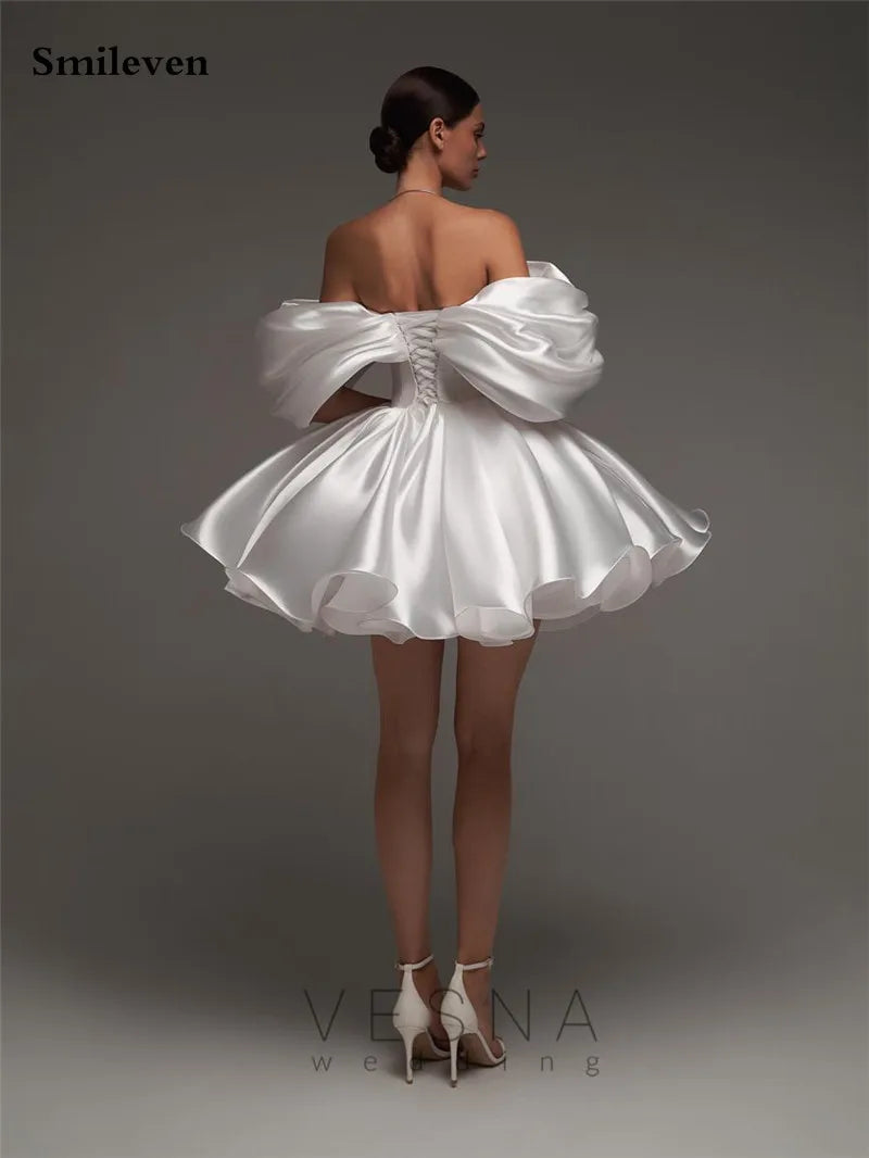 Smileven A Line Soft Satin Off The Shoulder Short Wedding Dress