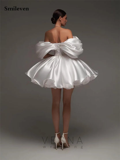 Smileven A Line Soft Satin Off The Shoulder Short Wedding Dress