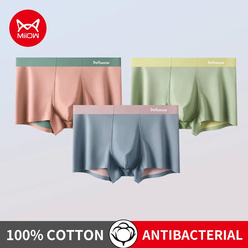 MiiOW Men's Cotton Underwear 3Pcs Silky Softness Antibacterial Boxers