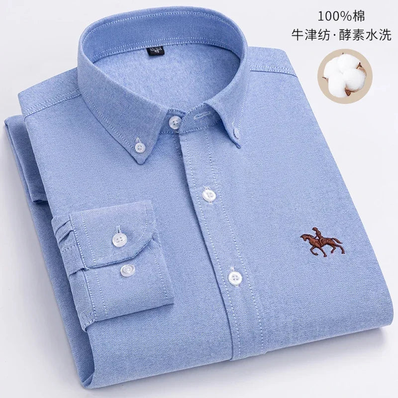 Pure Cotton Oxford Embroidered Horse Shirt for Men - Oversized Floral Long Sleeve Casual Streetwear Plus Size