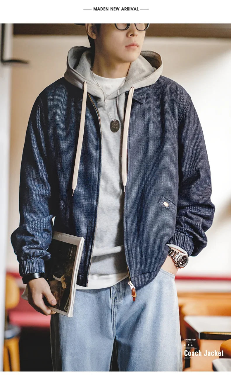 Maden New Vintage Denim Jacket Loose Fit Lapel Zipper Jacket for Men’s Spring and Autumn Fashion Short Blue Versatile Coats