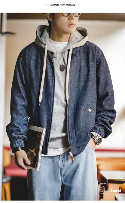 Maden New Vintage Denim Jacket Loose Fit Lapel Zipper Jacket for Men’s Spring and Autumn Fashion Short Blue Versatile Coats