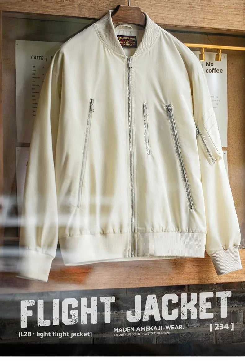 Maden Men's Vintage L2B Pilot Jacket White Lightweight Flight Bomber Jacket Short Zip-Up Casual Baseball Coat for Spring Autumn
