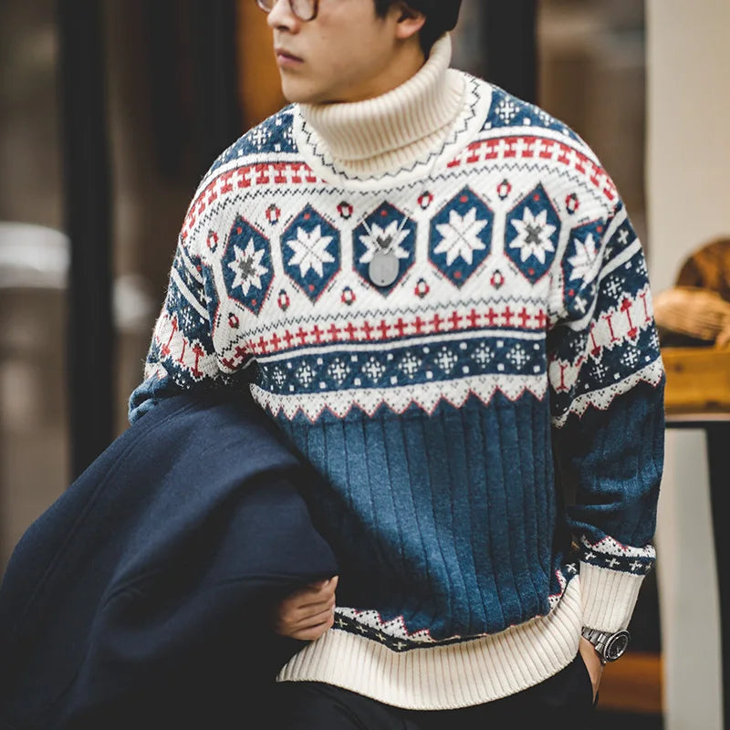 MADEN Grey-Blue Fair Isle Turtleneck Sweater