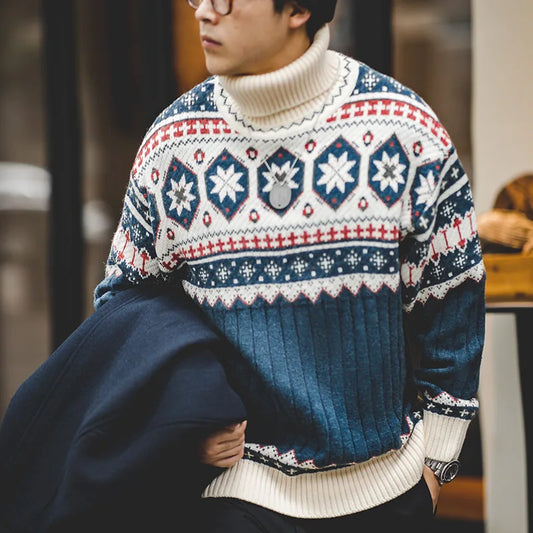 MADEN Grey-Blue Fair Isle Turtleneck Sweater