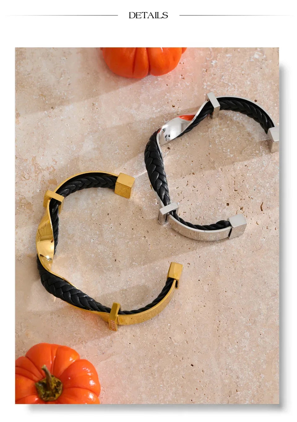 68mm Black Leather Stainless Steel Twisted Cuff Bracelet - ShopHub