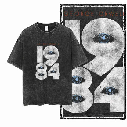 G02 Exclusive 100% Cotton Big Size 1984 Graphic Men T-shirt | Acid Washed Streetwear Cool Vintage O-neck Men's Tee Tshirt
