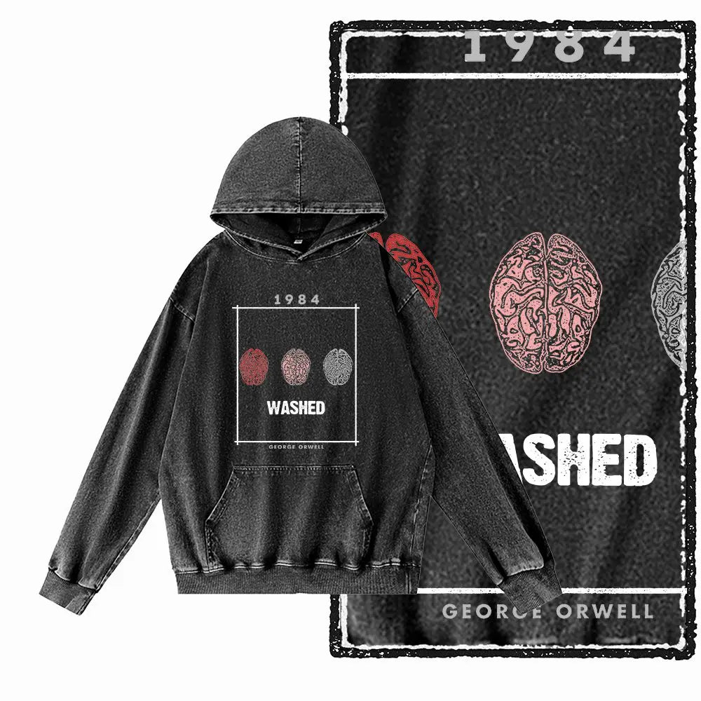 1984 Graphic Acid-Washed Black Streetwear Hoodie