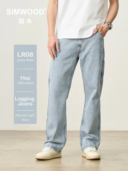 SIMWOOD 2026 Spring Summer New Loose Relax Logging Jeans Men 11oz Fabric Cargo Denim Trousers