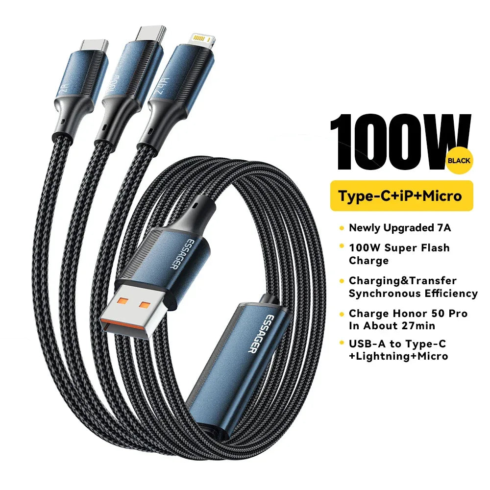 Essager 100W 3-in-1 USB C to Type C and Lightning PD Fast Charger Cable - ShopHub