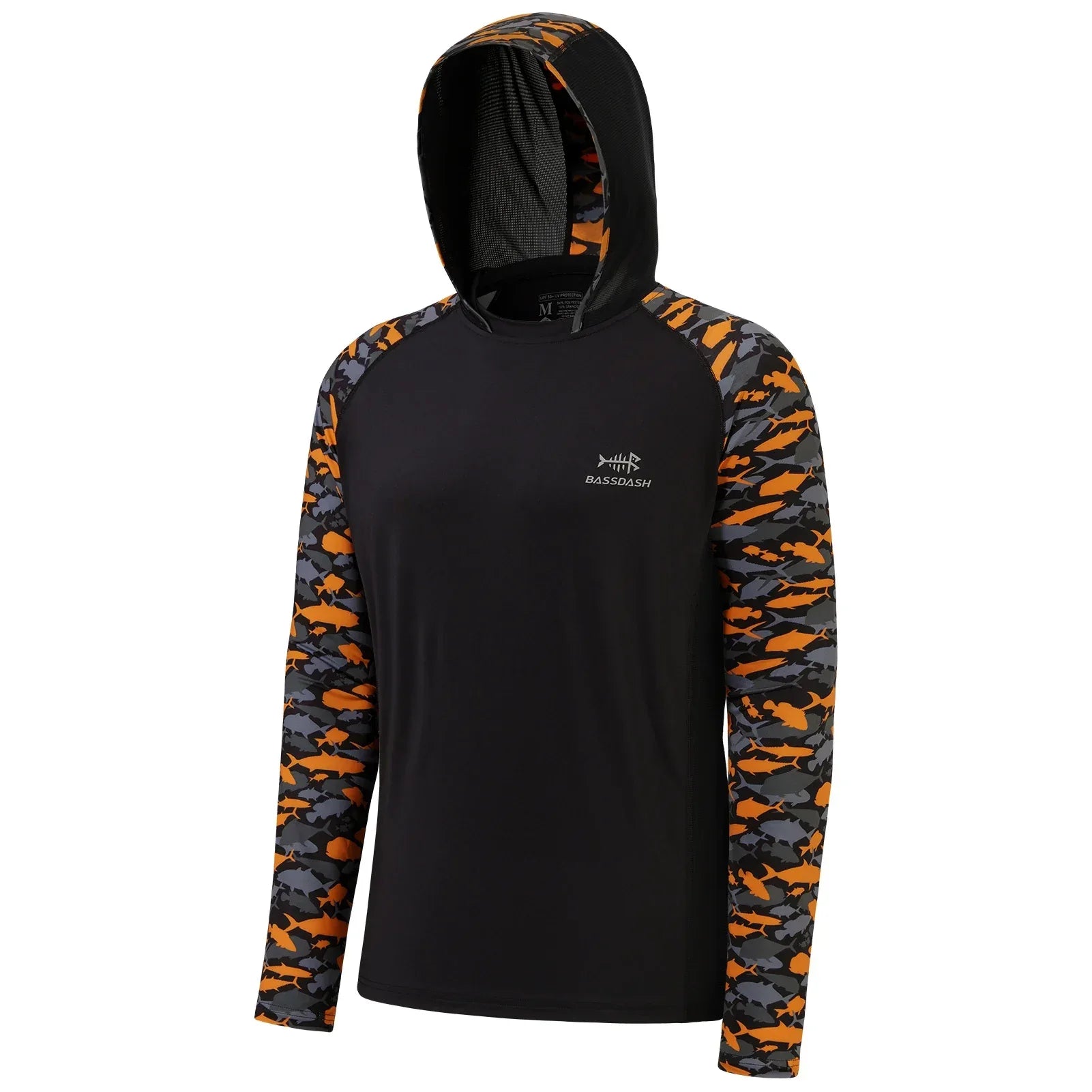 BASSDASH Men’s UPF 50 Performance Fishing Shirt Cooling Hoodie Black Orange Fishes