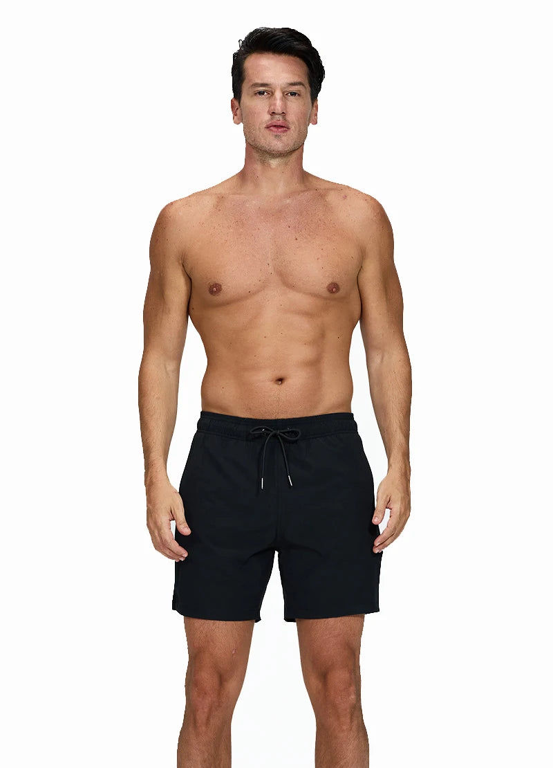 Men's summer boardshorts with polyester and spandex, elastic waist, side zipper pocket, ideal for gym, beach, and swimwear.