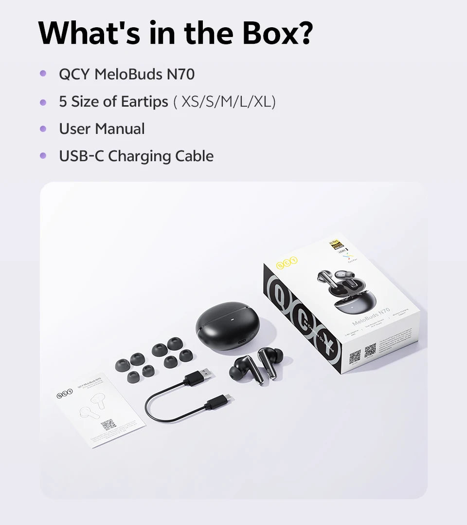 QCY MeloBuds N70 Wireless Earphones with Hybrid Adaptive ANC, Hi-Res Sound, and 50Hrs Battery Life