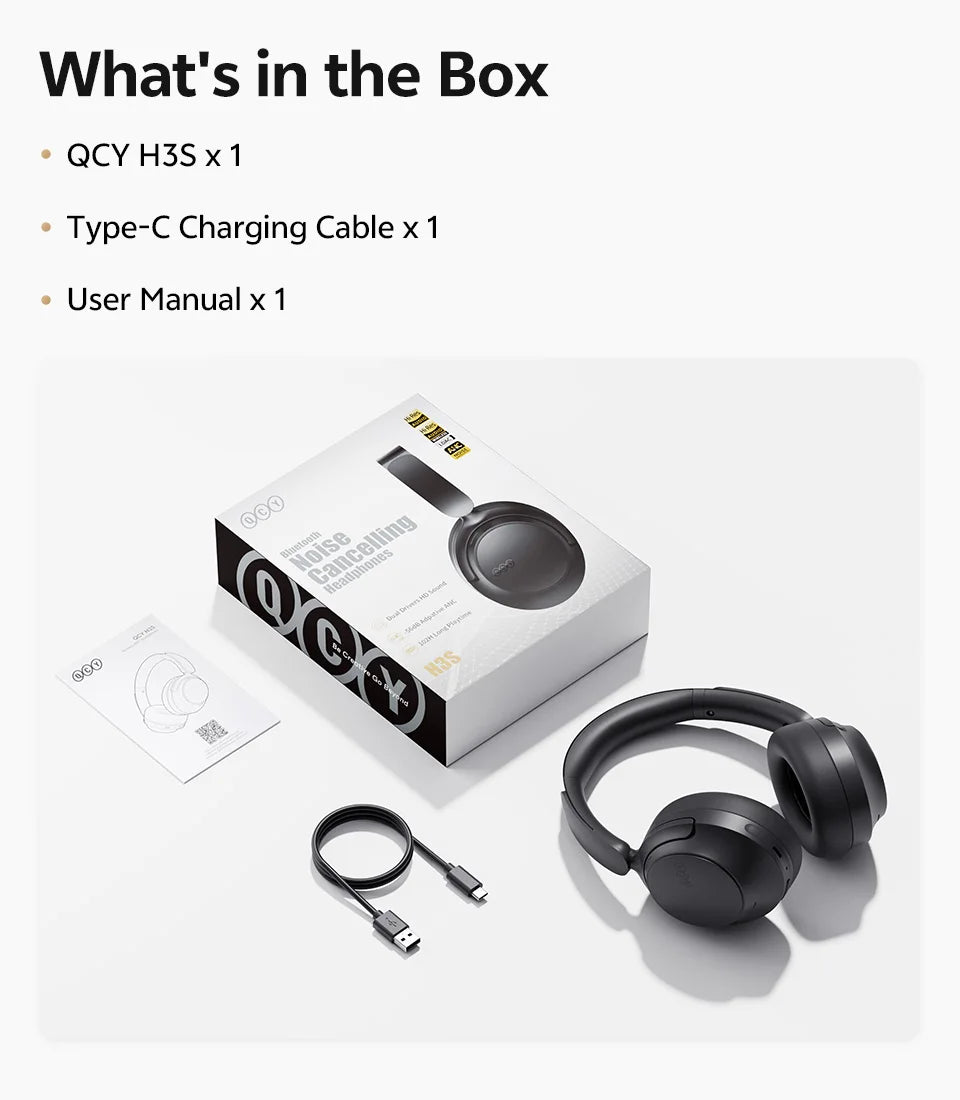 QCY Wireless Bluetooth Headphones 6.0 BH25H3SA - 3D Spatial Audio, Foldable Over Ear Headset with 56dB Adaptive ANC and 53mm Driver - ShopHub
