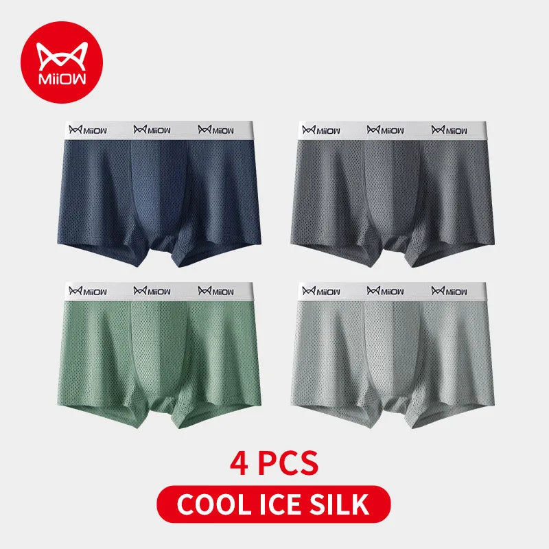 MiiOW Men's Ice Silk Underwear 4Pcs Breathable Mesh Boxers Antibacterial Crotch