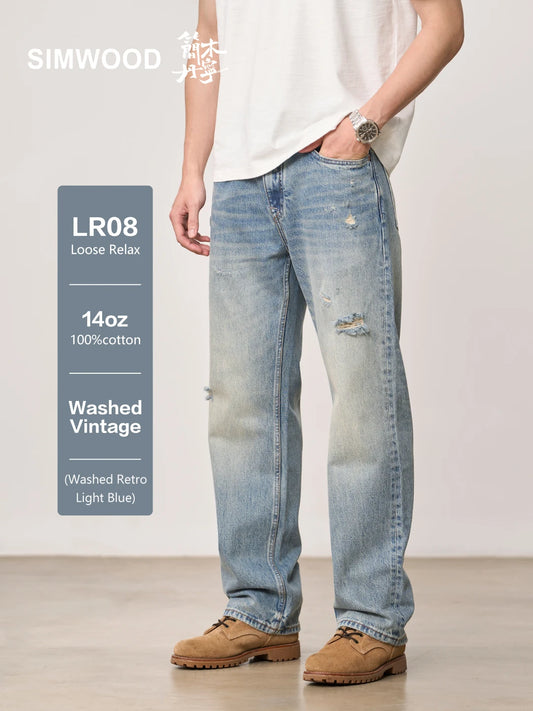SIMWOOD High Standard Loose Relax 14oz Fabric Hole Ripped Jeans