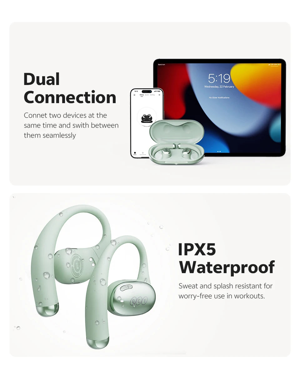 QCY Crossky R70 Wireless Headphones - Hi-Res Open-Ear Bluetooth 6.0 Earhooks with Bass Boost
