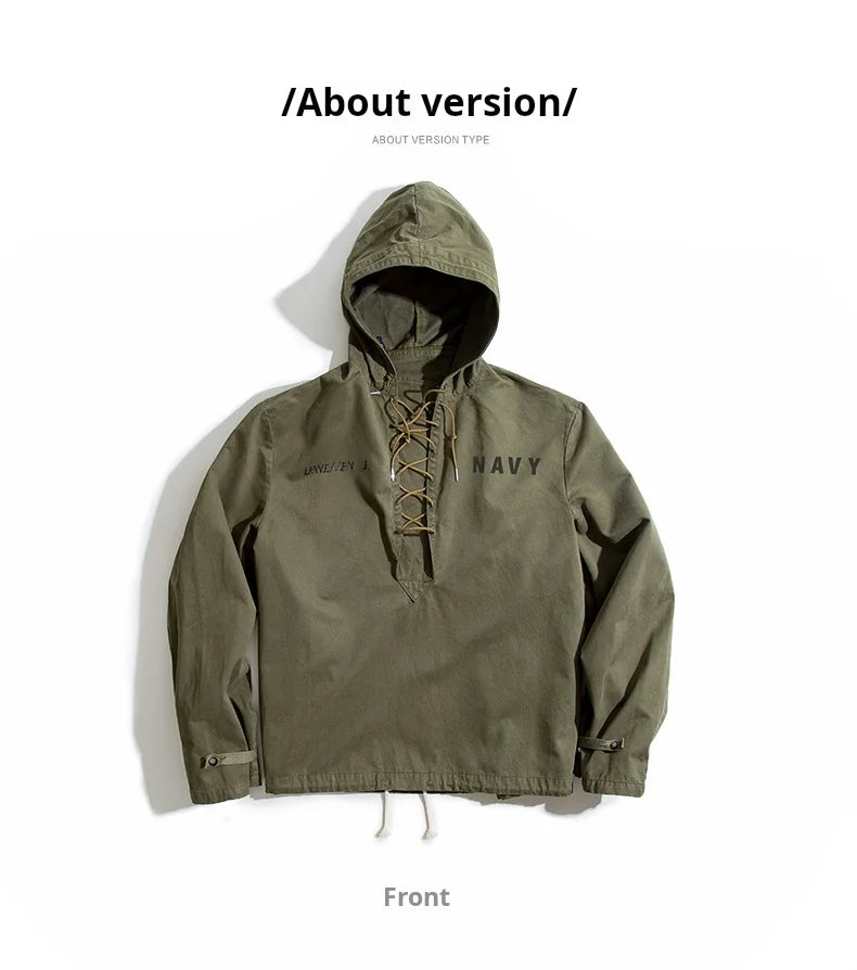 Maden Retro Green Deck Jacket Hooded Sweatshirt wtih Drawstring Collar Cuffs Adjustable Design Windbreaker Pullover for Men