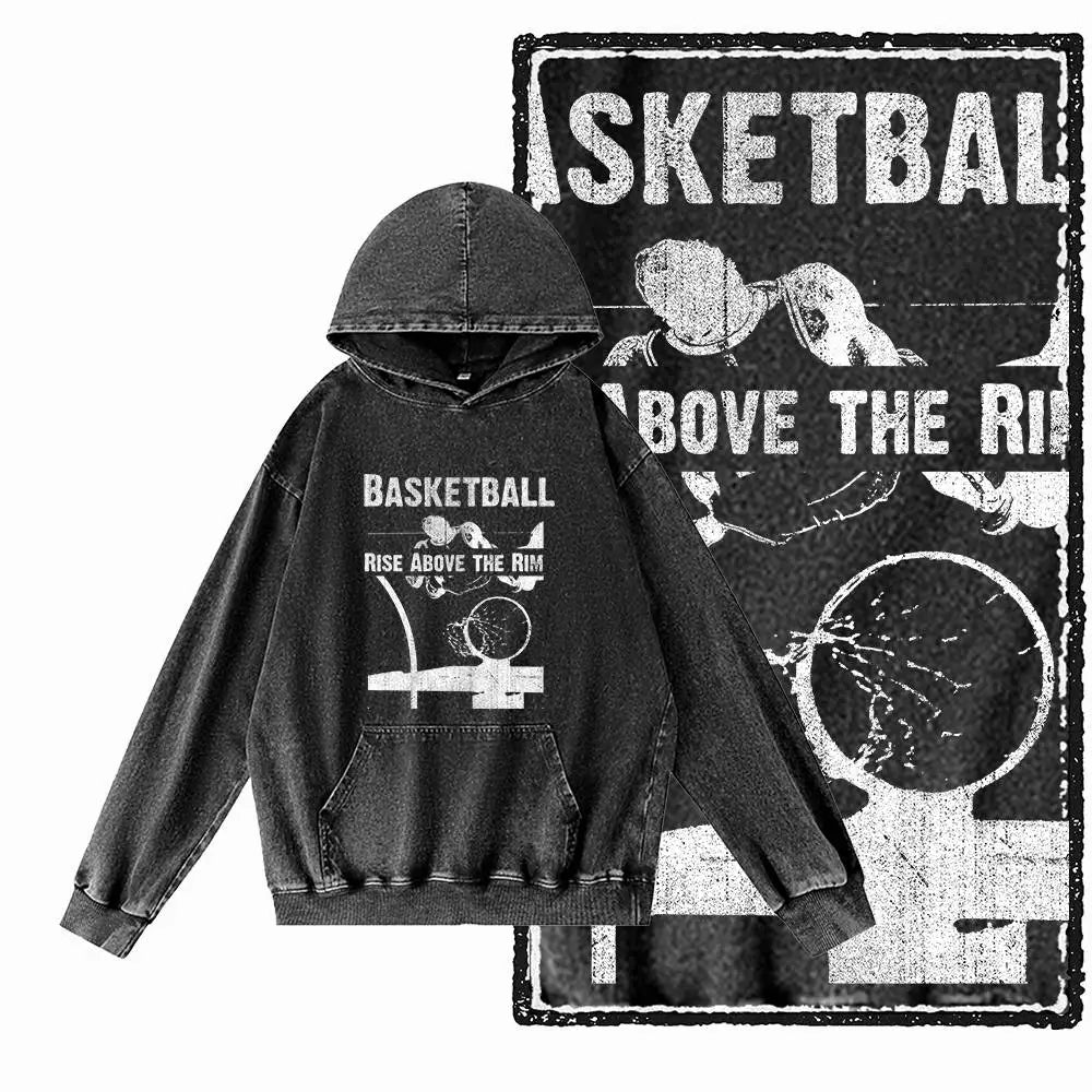 Courtside Basketball Graphic Acid-Washed Black Hoodie