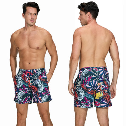 Men's 2026 summer swimming shorts by ShopHub NZ, printed polyester boardshorts with mesh liner, ideal for swimming, running, and sports.