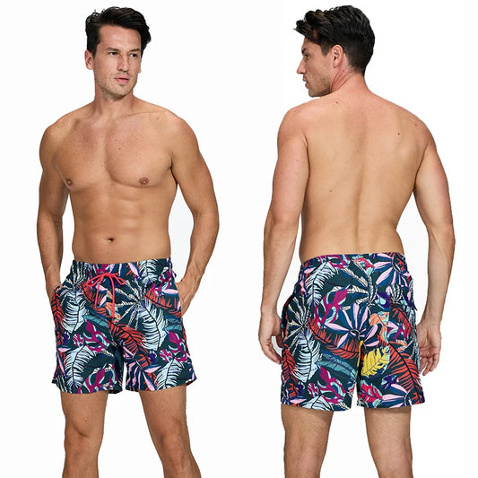 Men's 2026 summer swimming shorts by ShopHub NZ, printed polyester boardshorts with mesh liner, ideal for swimming, running, and sports.