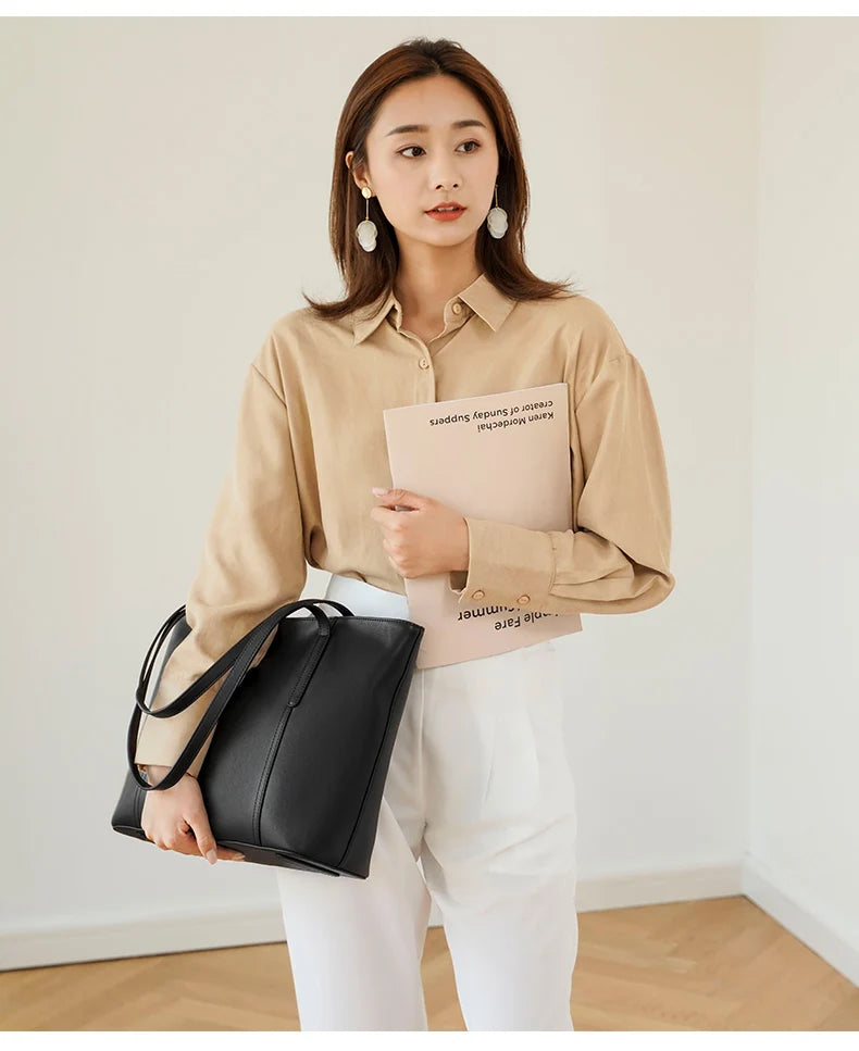 FOXER Split Leather Shoulder Bag for Women Simple Large Capacity Tote Lady Classic Black Handbag Gift for Wife, Lover