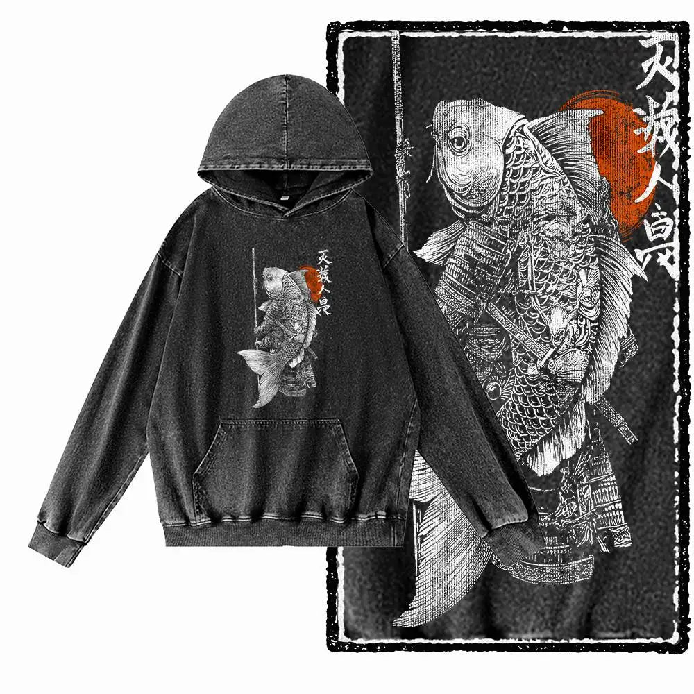 Dragon Strike Acid-Washed Black Graphic Hoodie