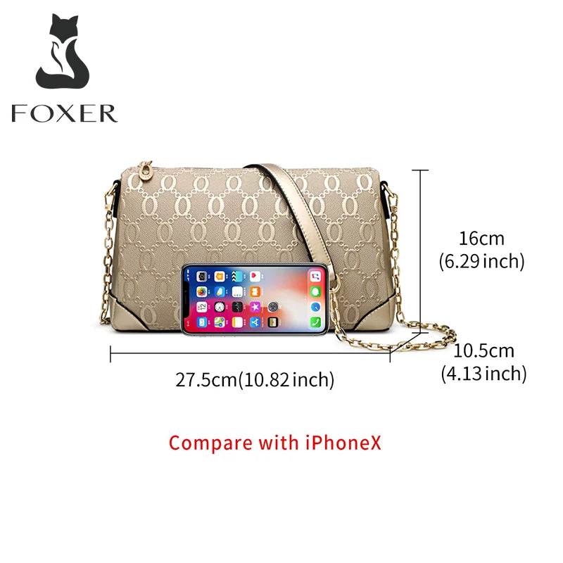 FOXER 2026 Spring Summer Women's Crossbody Bag Split Leather Fashion Chain Shoulder Bag Luxury Commuter Lady Cellphone Purse