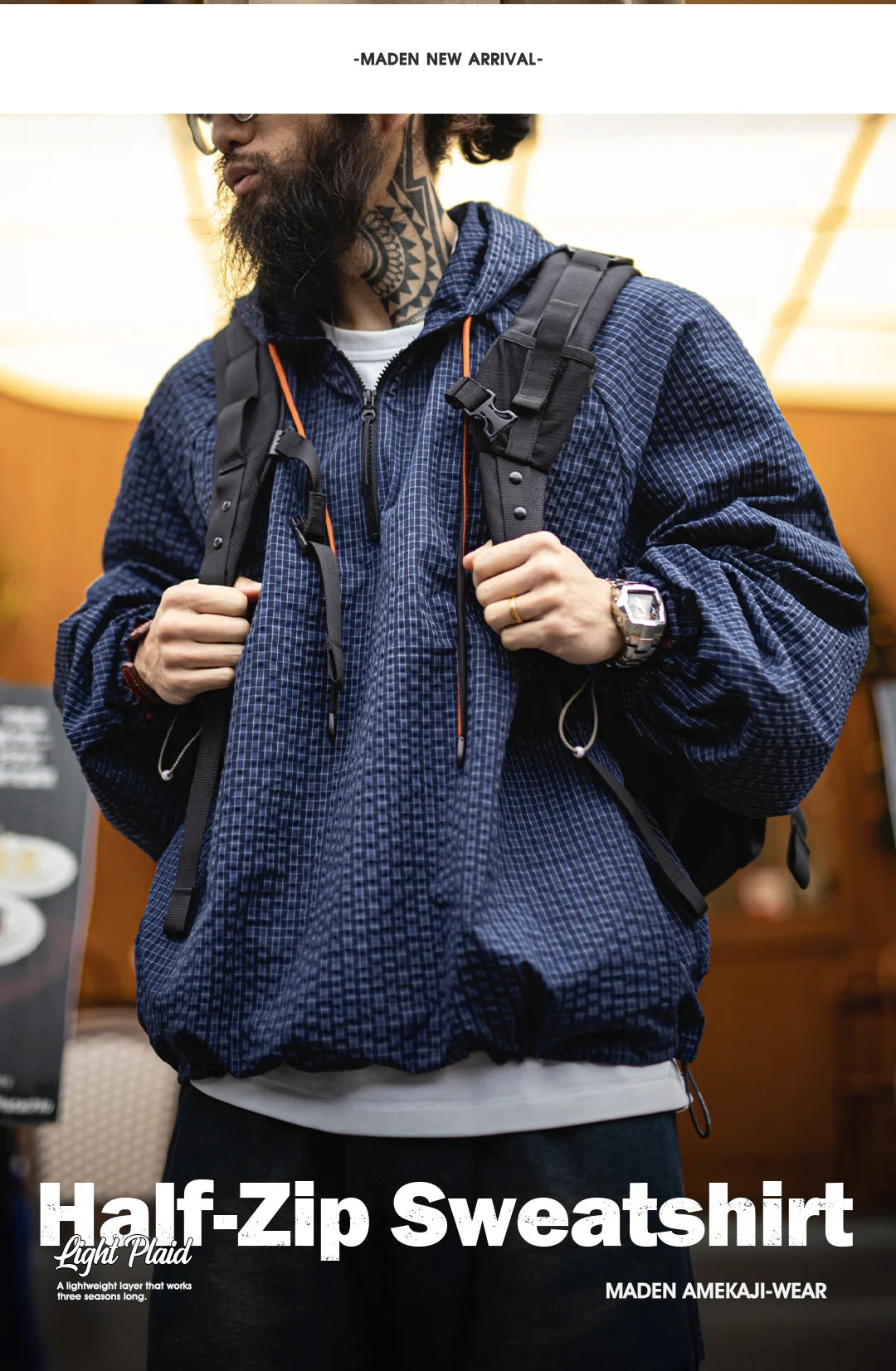 Maden Men's Textured Seersucker Half Zip Hoodie Lightweight Outdoor Pullover Jacket Casual Streetwear Blue Spring Sweatshirt