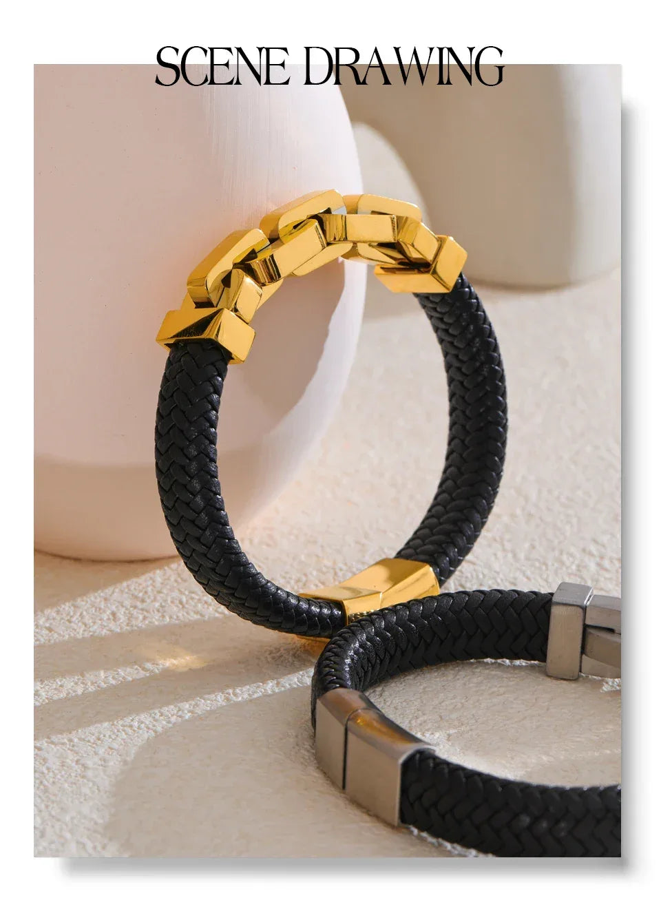 18K PVD Plated Stainless Steel Metal Chain Leather Handmade Men's Bracelet Bangle - ShopHub