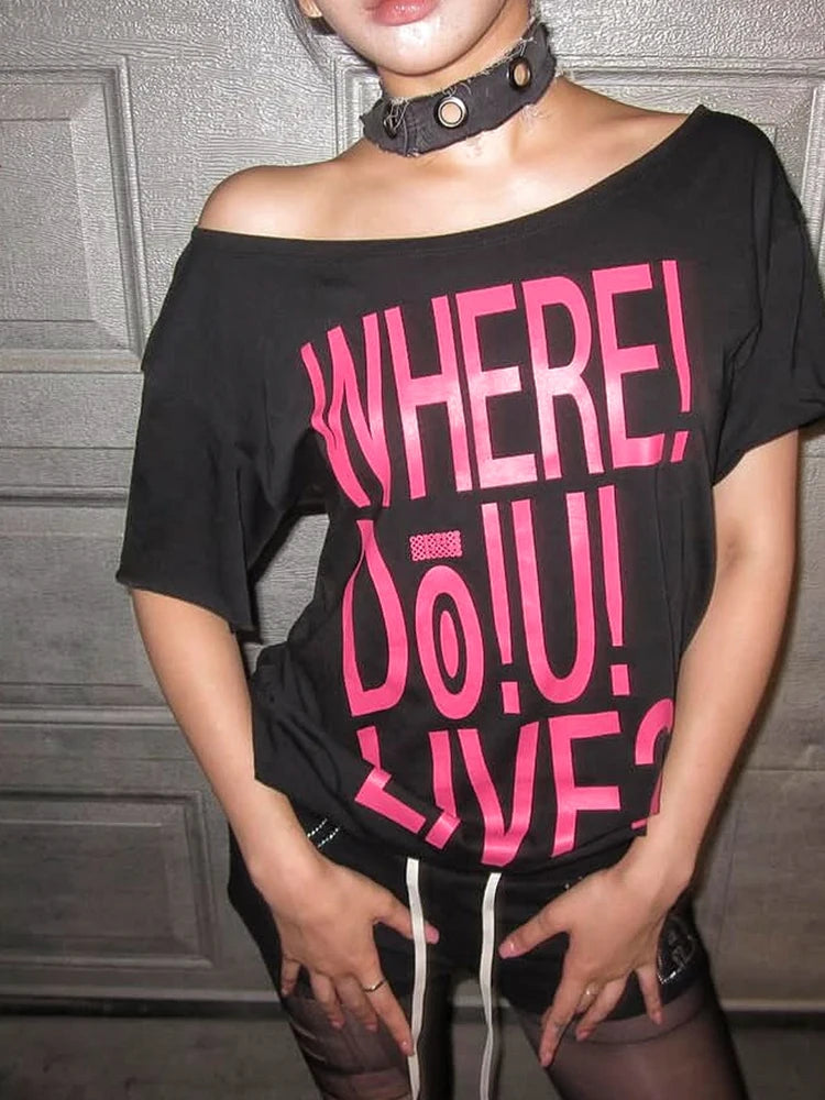 Kliou Casual Fashion T-Shirt Woman Letter Print Skew Collar Off Shoulder Short Sleeve Summer New Style Basic Simple Classic Tees