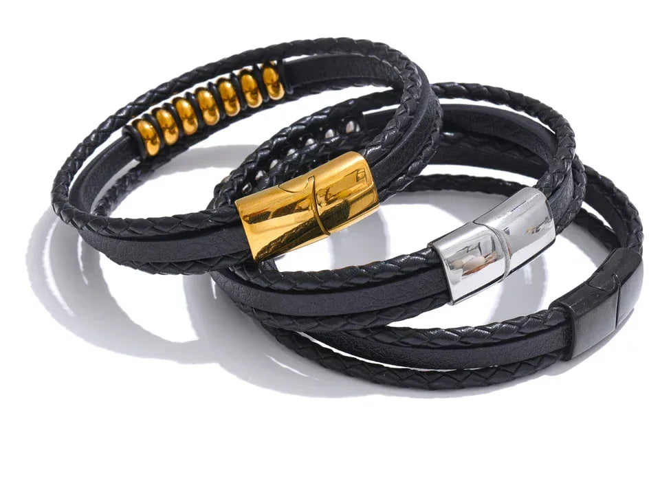 Stylish Black Fibre Leather Layered Men's Wrist Bracelet Bangle - ShopHub