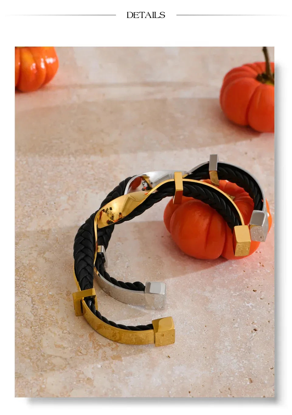 68mm Black Leather Stainless Steel Twisted Cuff Bracelet - ShopHub