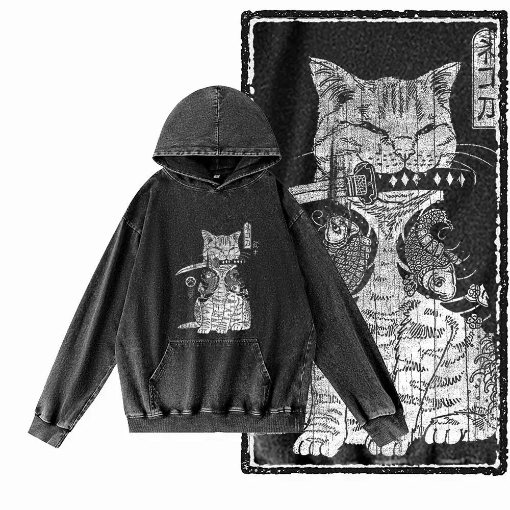 Night Prowler Cat Graphic Acid-Washed Black Hoodie