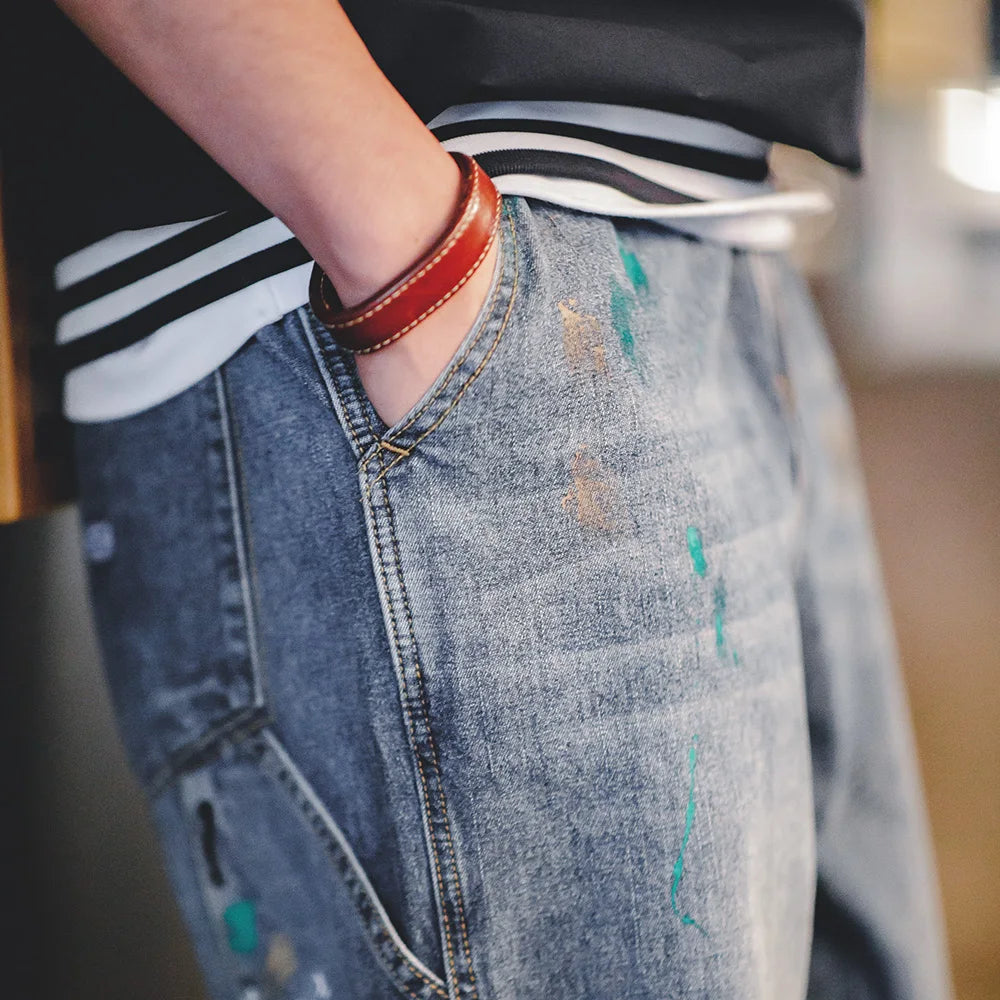 Maden Light Blue Splash-ink Graffiti Jeans