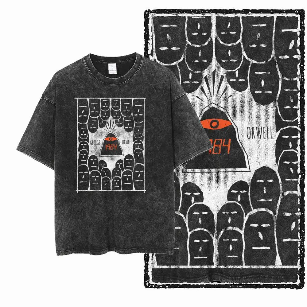 G02 Exclusive 100% Cotton Big Size 1984 Graphic Men T-shirt | Acid Washed Streetwear Cool Vintage O-neck Men's Tee Tshirt