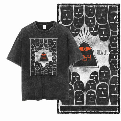 G02 Exclusive 100% Cotton Big Size 1984 Graphic Men T-shirt | Acid Washed Streetwear Cool Vintage O-neck Men's Tee Tshirt