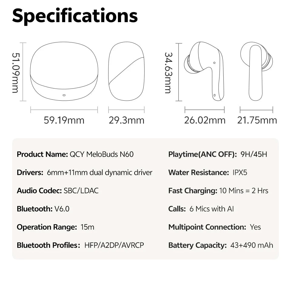 QCY MeloBuds N60 Wireless Earphone - Bluetooth 6.0, Bass Boost, Hi-Res Audio, Hybrid ANC, 45Hrs Playback - ShopHub