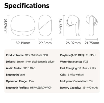 QCY MeloBuds N60 Wireless Earphone - Bluetooth 6.0, Bass Boost, Hi-Res Audio, Hybrid ANC, 45Hrs Playback - ShopHub